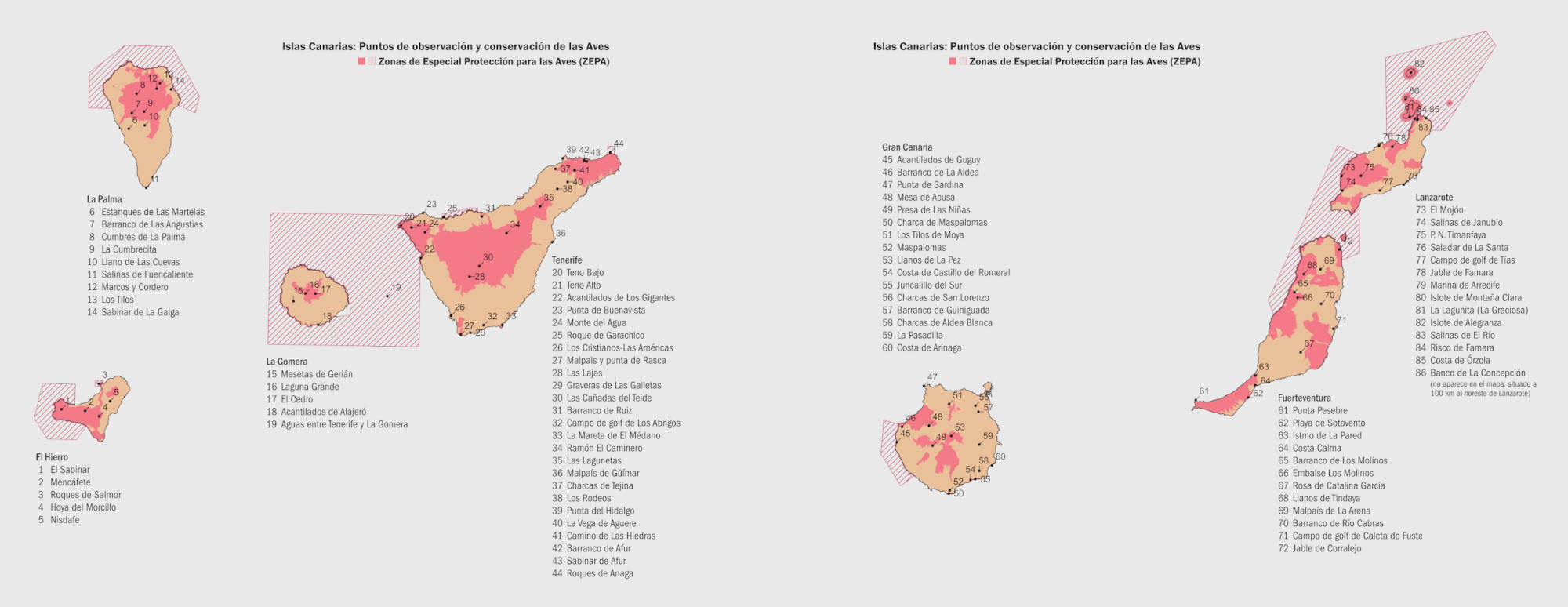 Puntos de observación de aves en Canarias, mapa del libro "Todas las Aves de Canarias"